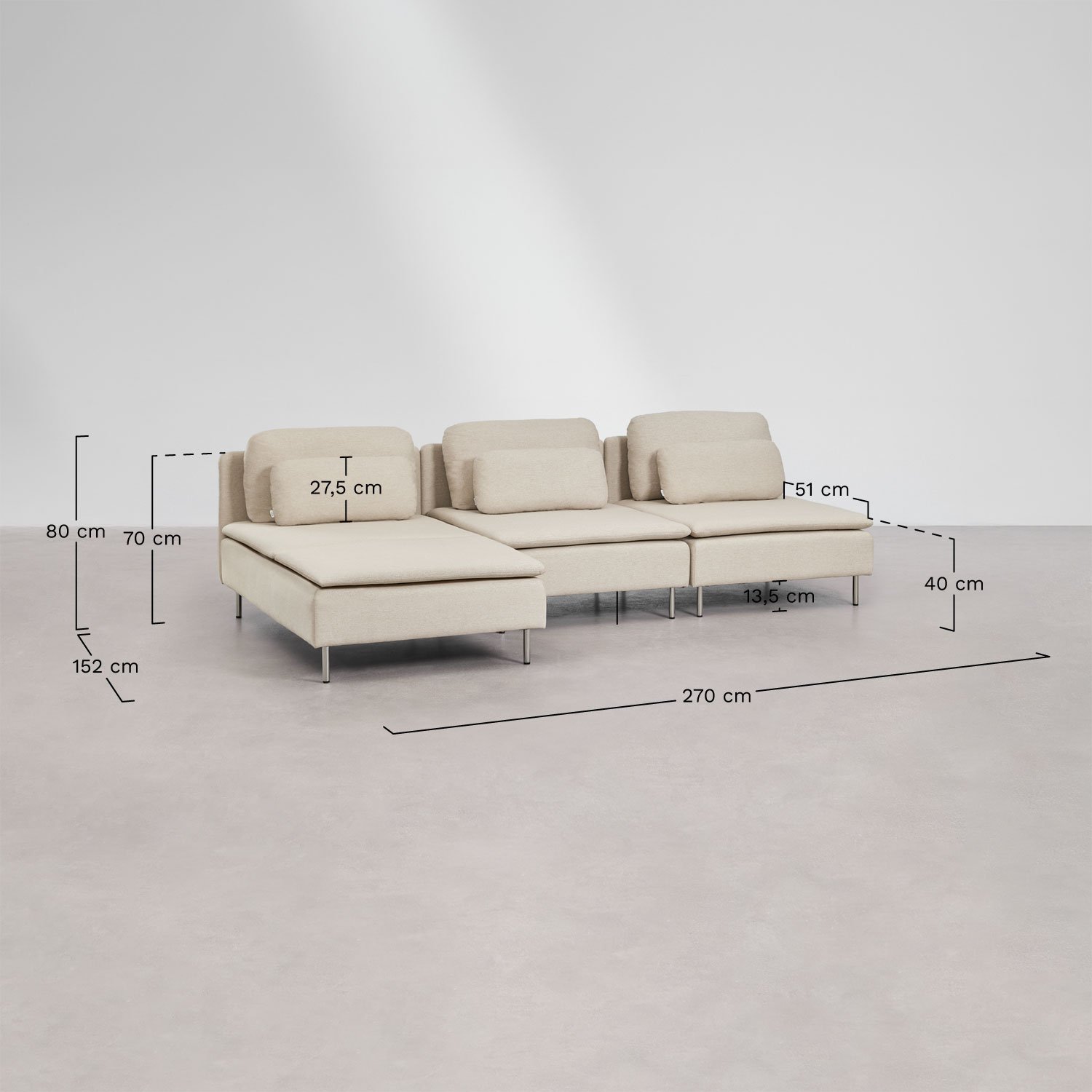 Oriol 3-piece left-hand chaise longue modular sofa, medidas