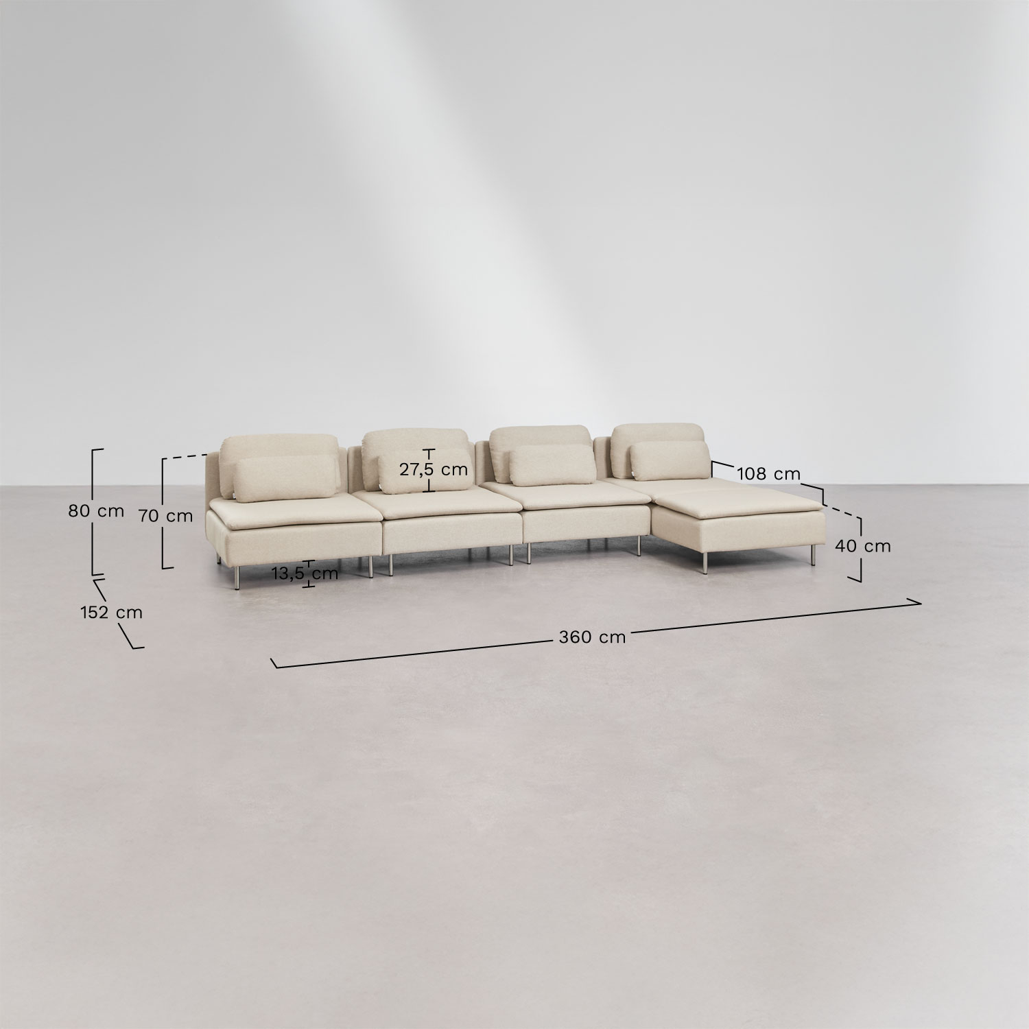 Oriol 4-piece right-sided chaise longue modular sofa, medidas