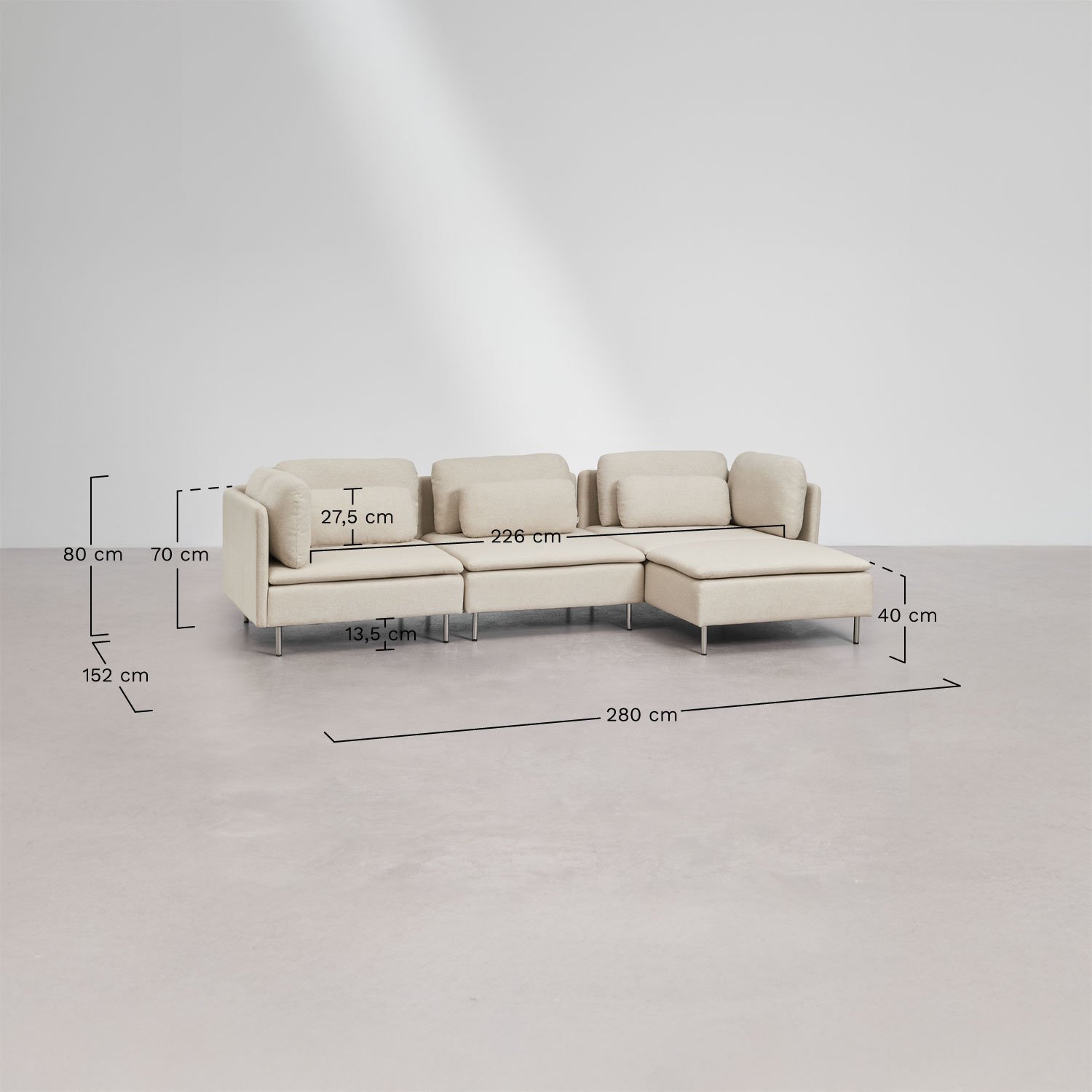 3-piece right chaise longue modular sofa with corner module Oriol, medidas