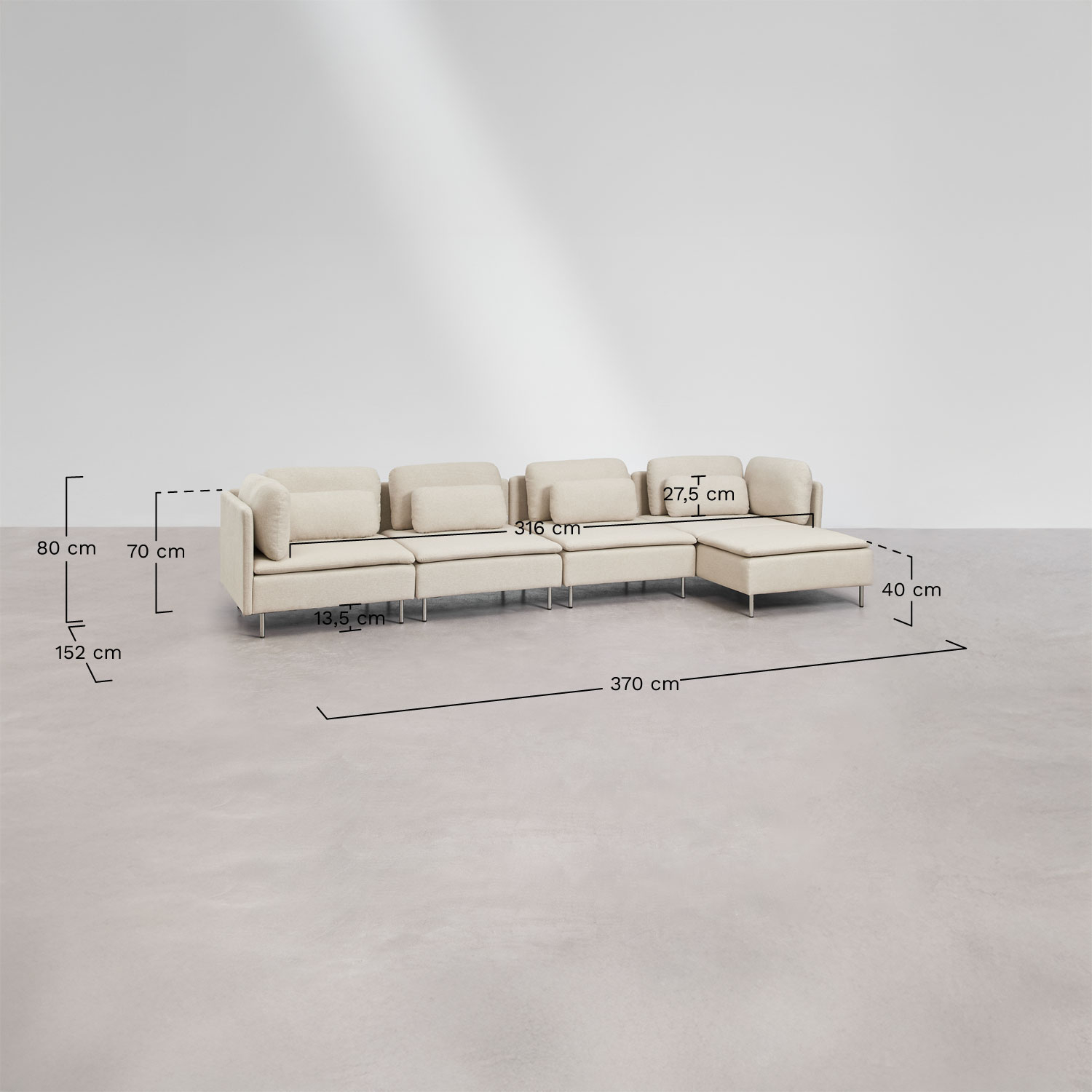 4-piece right chaise longue modular sofa with corner module Oriol, medidas