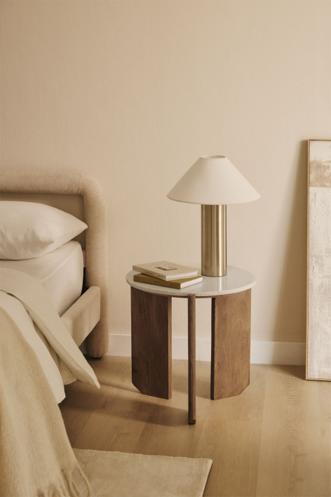 Pack of 2 round bedside tables Ø50 cm in natural stone and mango wood Lavinia - White Marble Banswara