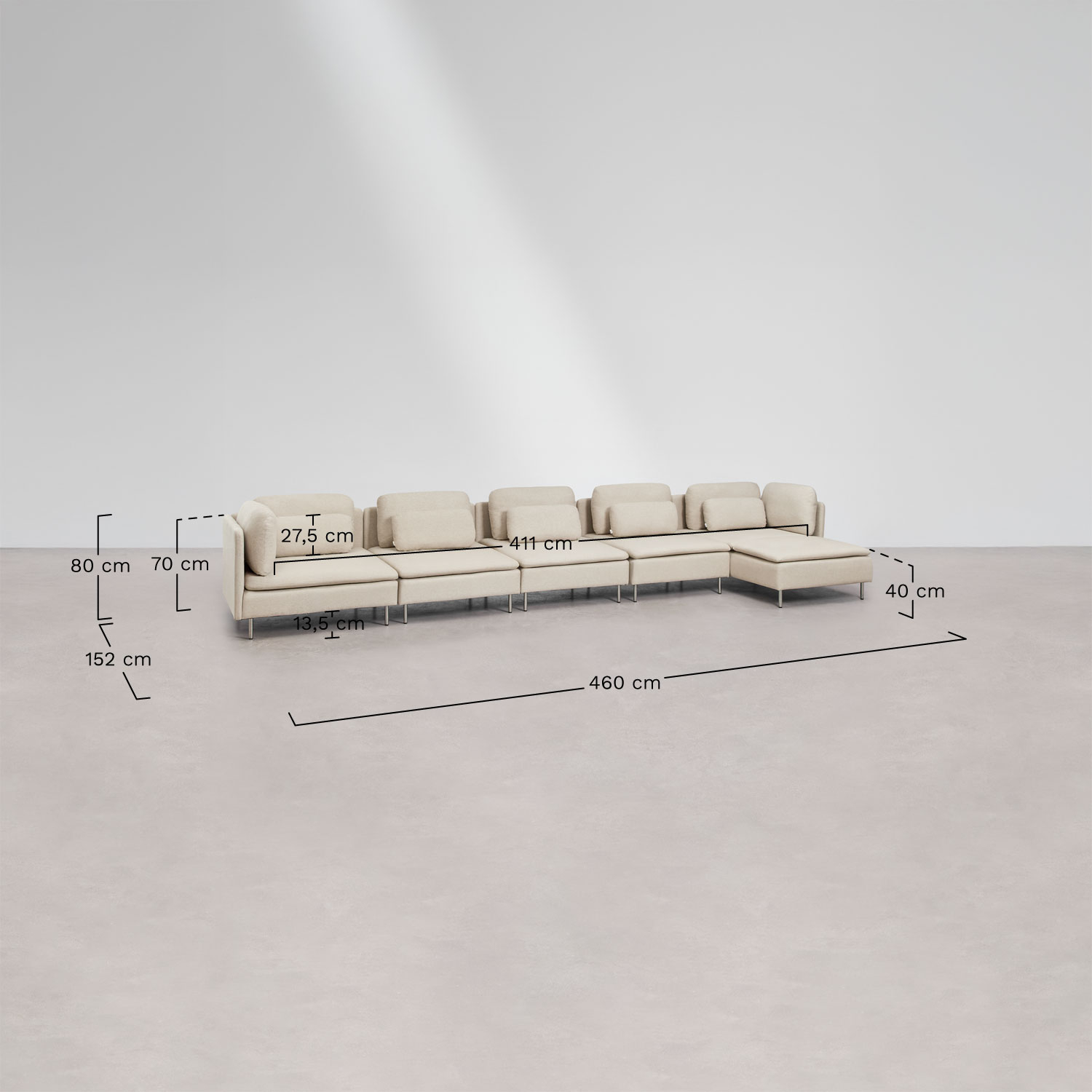 Oriol 5-piece right-sided chaise longue modular sofa with corner unit, medidas