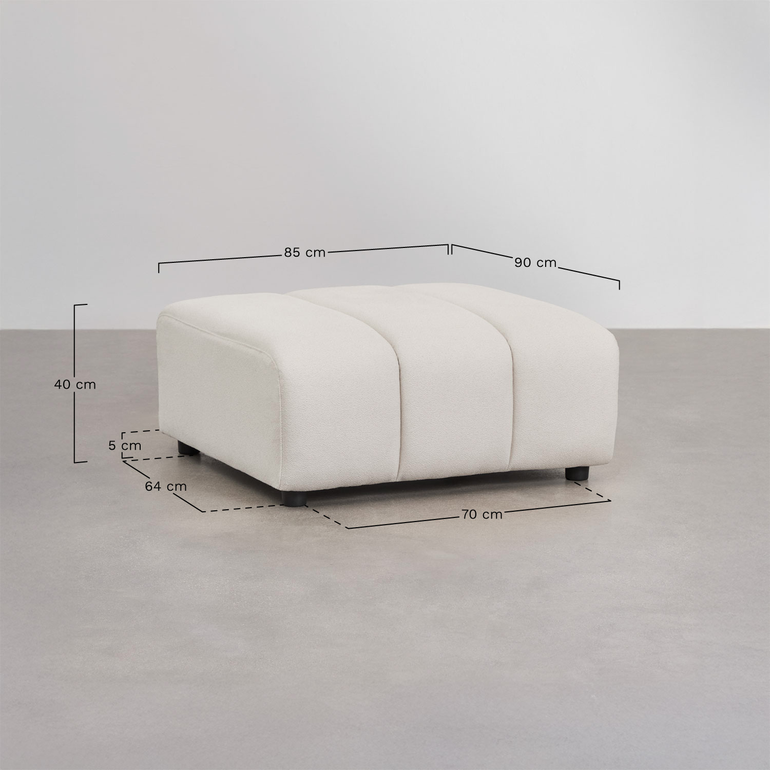 Eliot 3-piece left-sided corner sofa and pouf in bouclé fabric, medidas