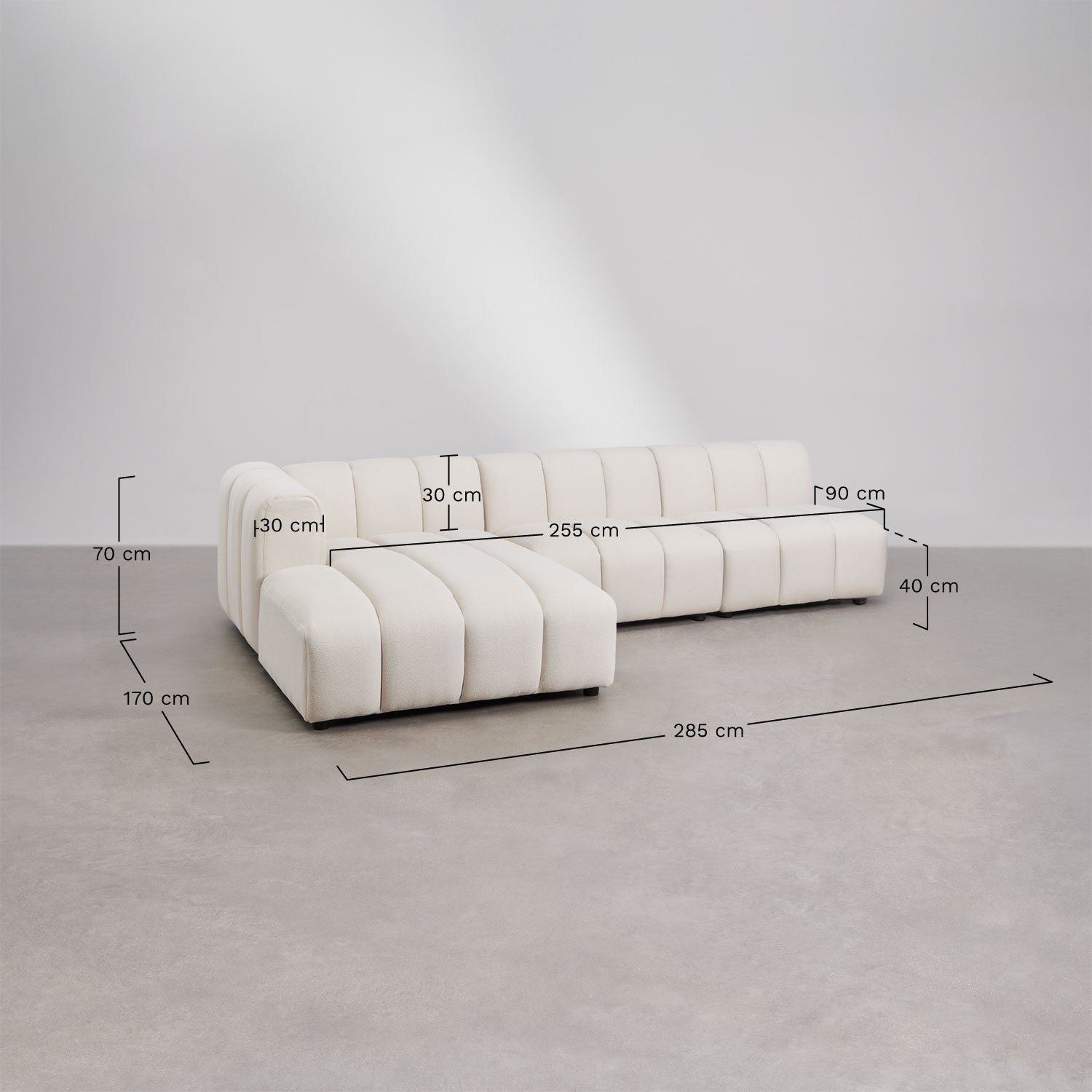 Left 3-piece modular chaise longue sofa with pouf in Eliot bouclé fabric, medidas