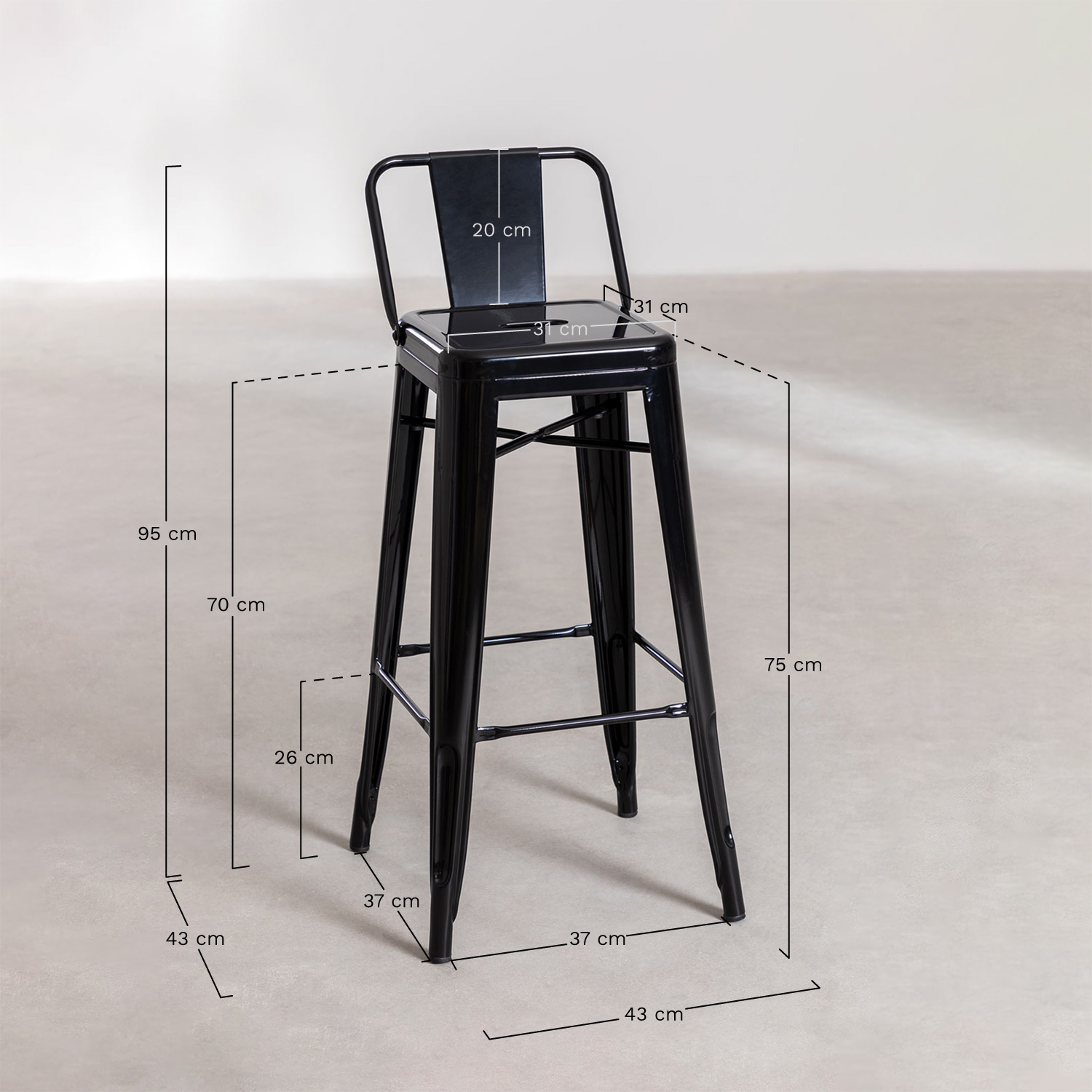 Pack of 4 high stools ↑75 cm with Lix steel backrest, medidas