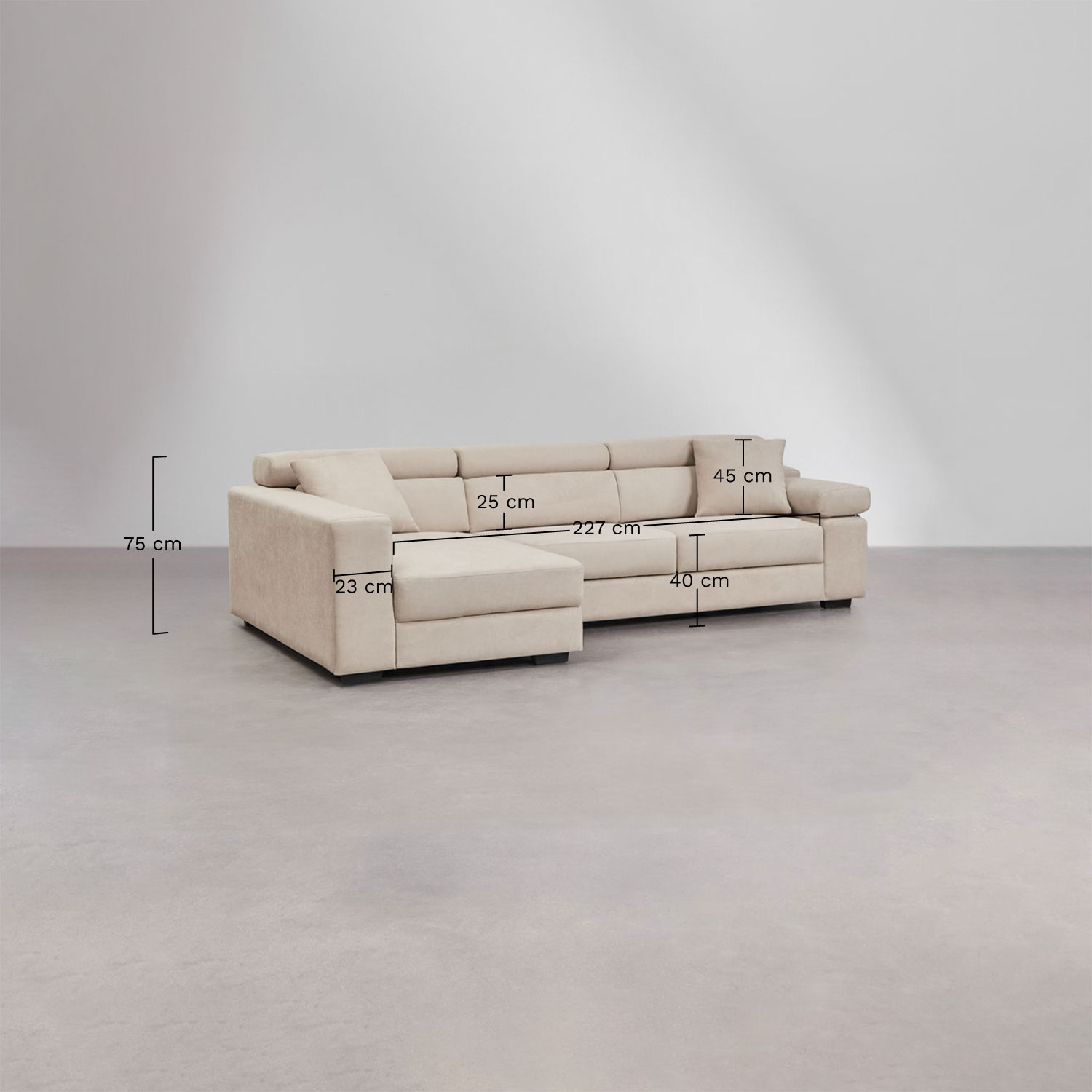Left 3-seater chaise longue sofa with adjustable headrest and sliding seats Aramis, medidas