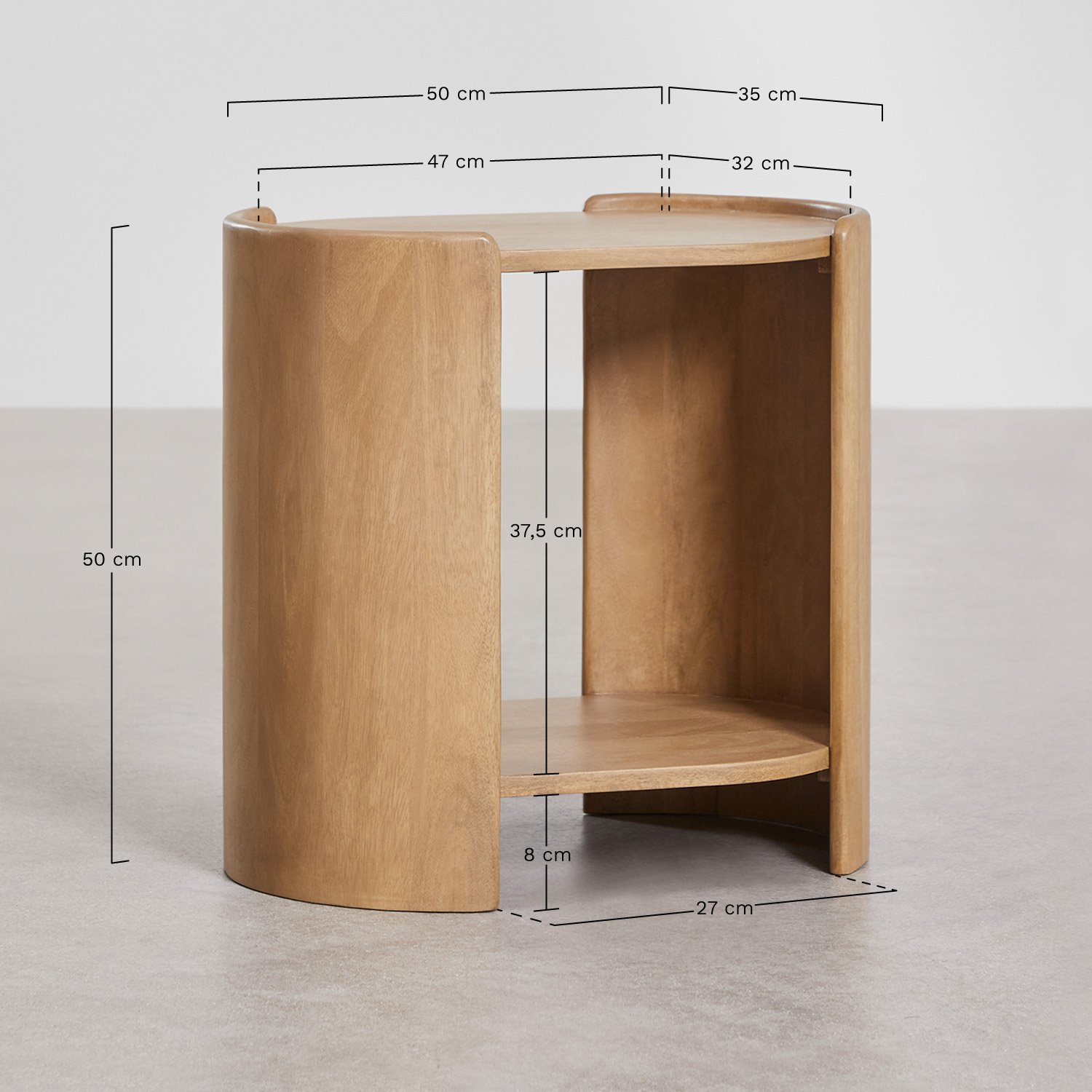 Oval bedside table 50x35 cm in Sidney mango wood, medidas