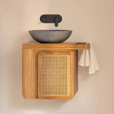 Georgy Suspended Teak Wood Bathroom Furniture Set Teak Wood & Round Grey Cement Ø40 Cm Tarsis & Mirrorless & Black Built-in With Drain Valve - Sklum