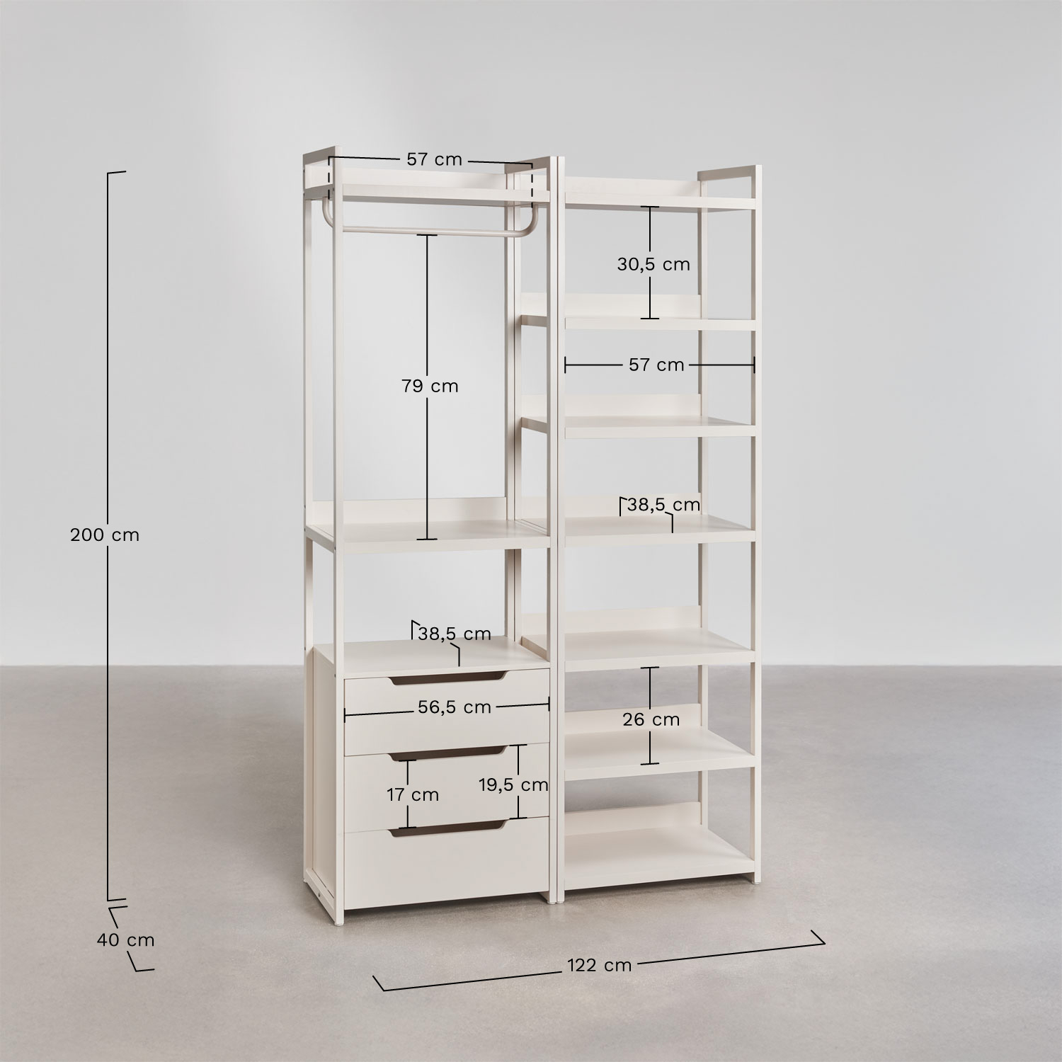 Velunis 2-piece open modular wardrobe with drawers and iron shelf, medidas