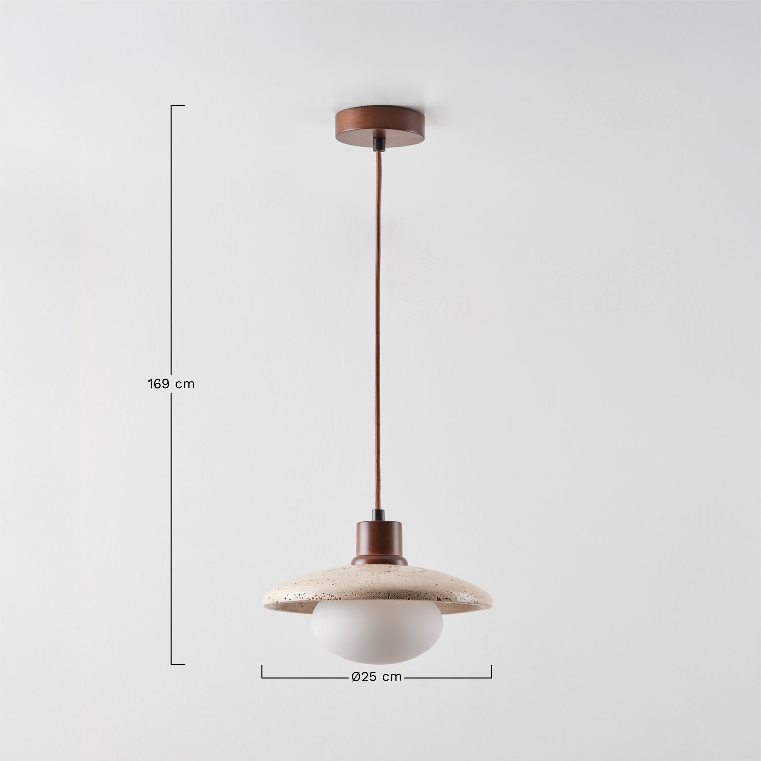 Davise travertine and wood ceiling lamp with glass globe, medidas