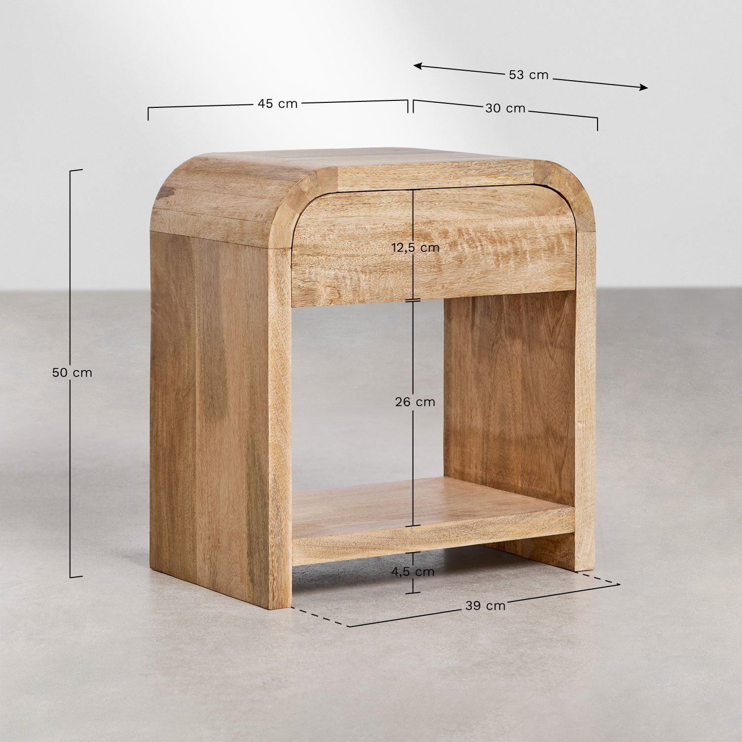 45x30 cm bedside table in mango wood and MDF Shelby, medidas