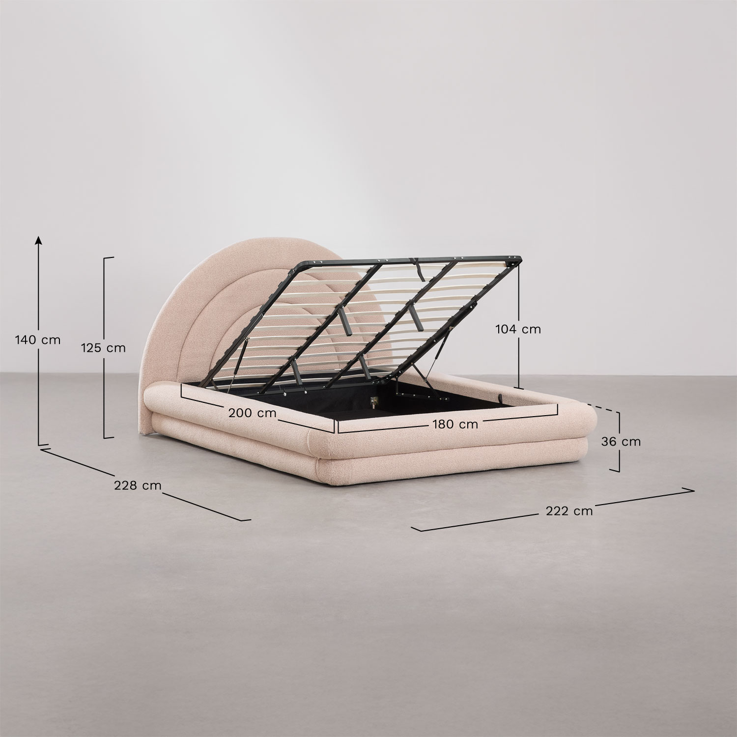 Bed with lift-up storage base in Borzensi bouclé fabric, medidas