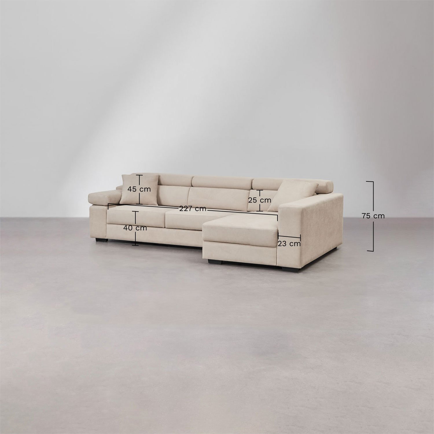 Right 3-seater chaise longue sofa with adjustable headrest and sliding seats Aramis , medidas