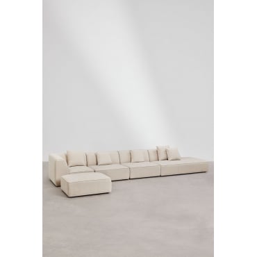 4-piece Modular Corner Sofa With Right Chaise And Upholstered Cardea Ottoman Cream Beige Chenille - Sklum