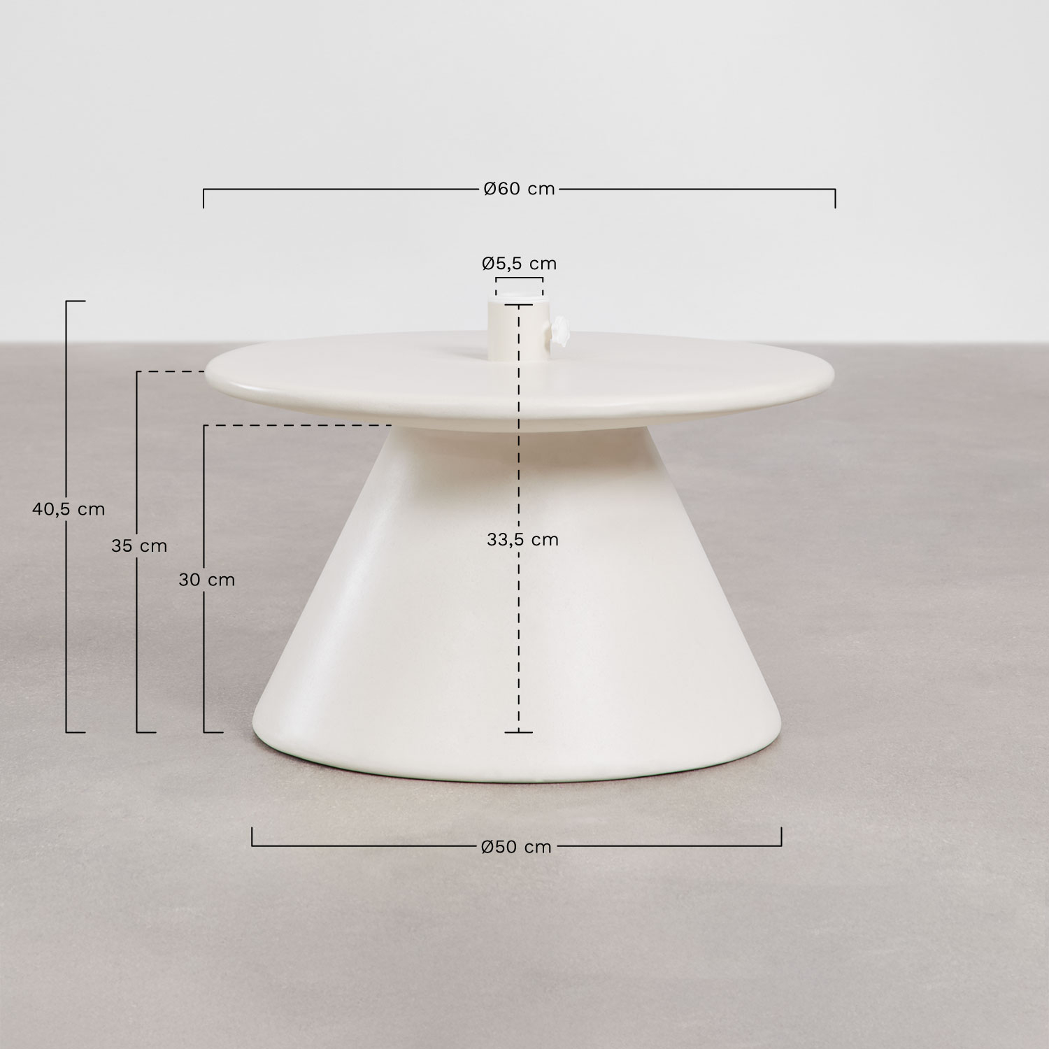 Parasol base with integrated round table Ø60 cm in Darwys cement, medidas