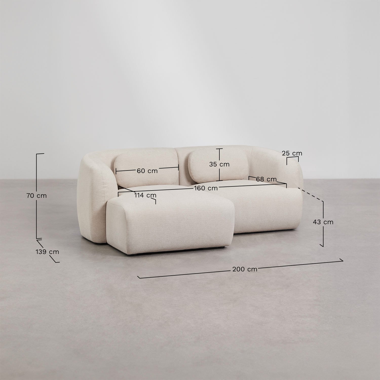 Left modular 2-piece chaise longue sofa in Coquette chenille, medidas