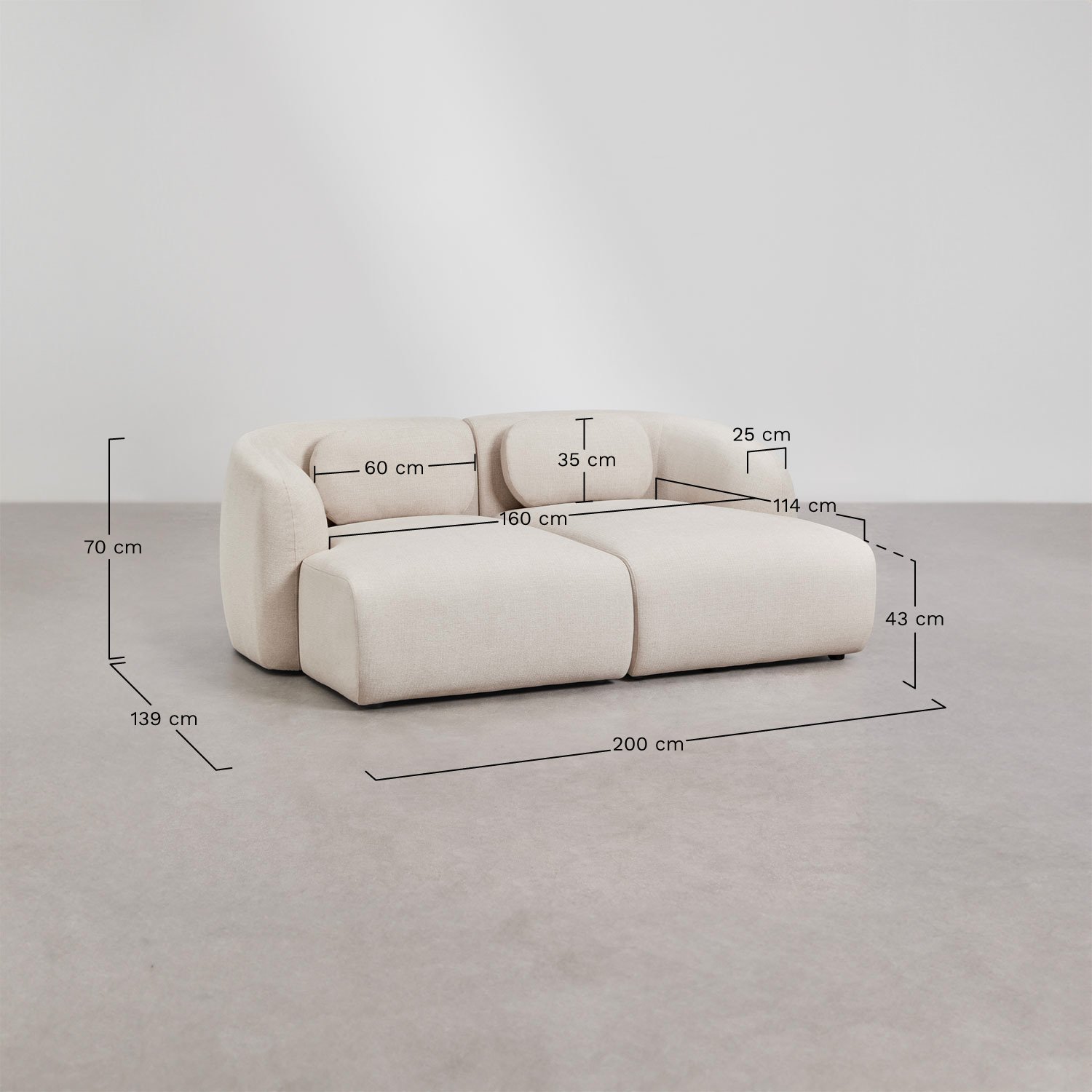 2-piece modular chaise longue sofa in Coquette chenille, medidas