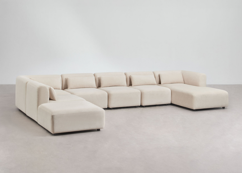 6-piece right modular chaise longue sofa with Fogler ottoman - Corduroy Beige Nature
