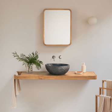 Suspended Bathroom Furniture Set 130x45 Cm In Teak Wood Neill Teak Wood & Irregular In Black Cement ↔︎40 Cm Fedro & - Sklum