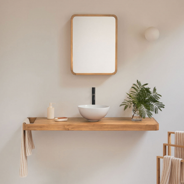 Suspended Bathroom Furniture Set 130x45 Cm In Teak Wood Neill Teak Wood & Round White Ceramic Ø30 Cm Calgari & Rectangular Rounded Corner - Sklum