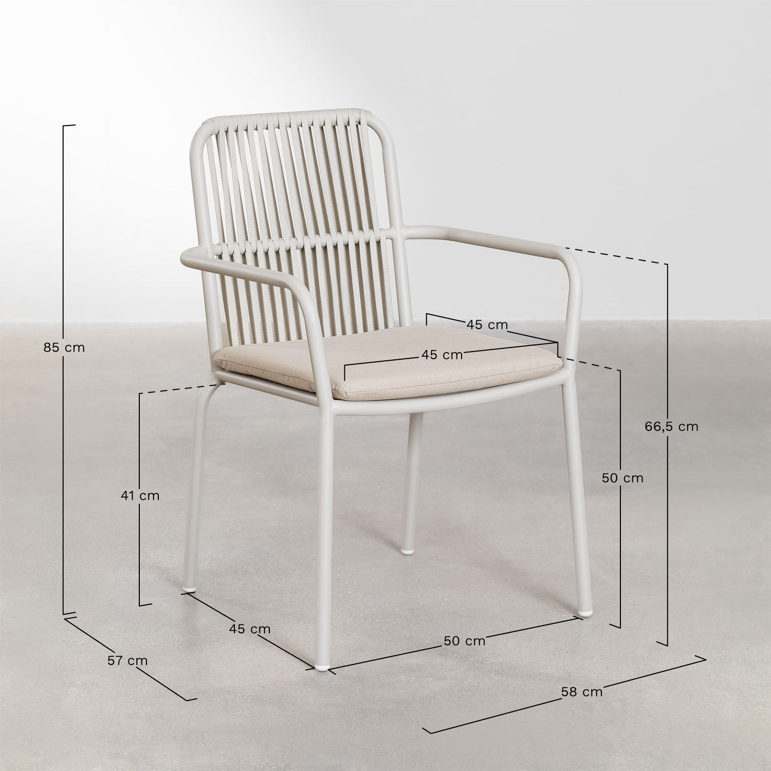 Valerie Ø125 cm round table set and 4 garden armchairs in aluminum Alberta, medidas