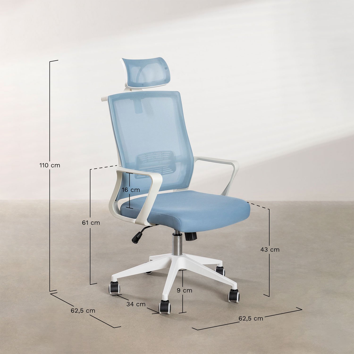Office chair with wheels and polypropylene armrests Teill Colors, medidas