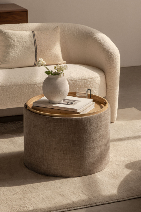 Berkeleni round upholstered coffee table with tray and storage