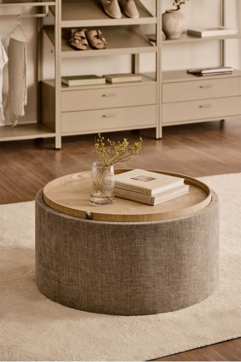 Berkeleni round upholstered coffee table with tray and storage