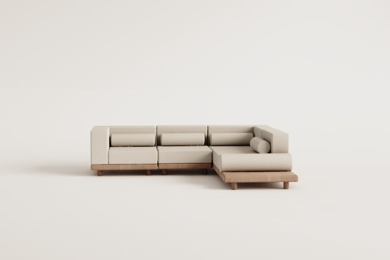 4-piece garden corner modular sofa with 2 corner modules and side auxiliary table in acacia Edrien