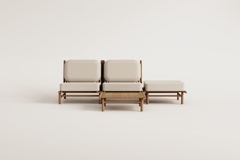 2-piece modular sofa garden set, pouf, and 75x75 cm square coffee table in Isendra bamboo