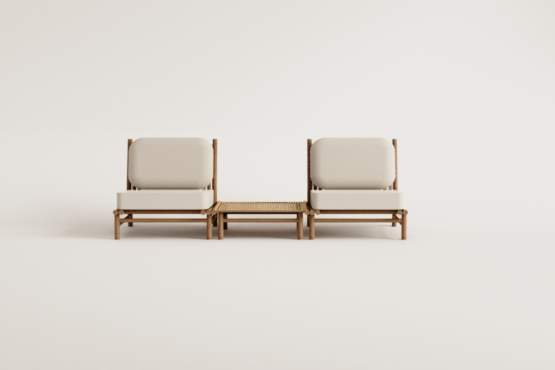 Isendra bamboo garden set with 2 armchairs and 75x75 cm square coffee table