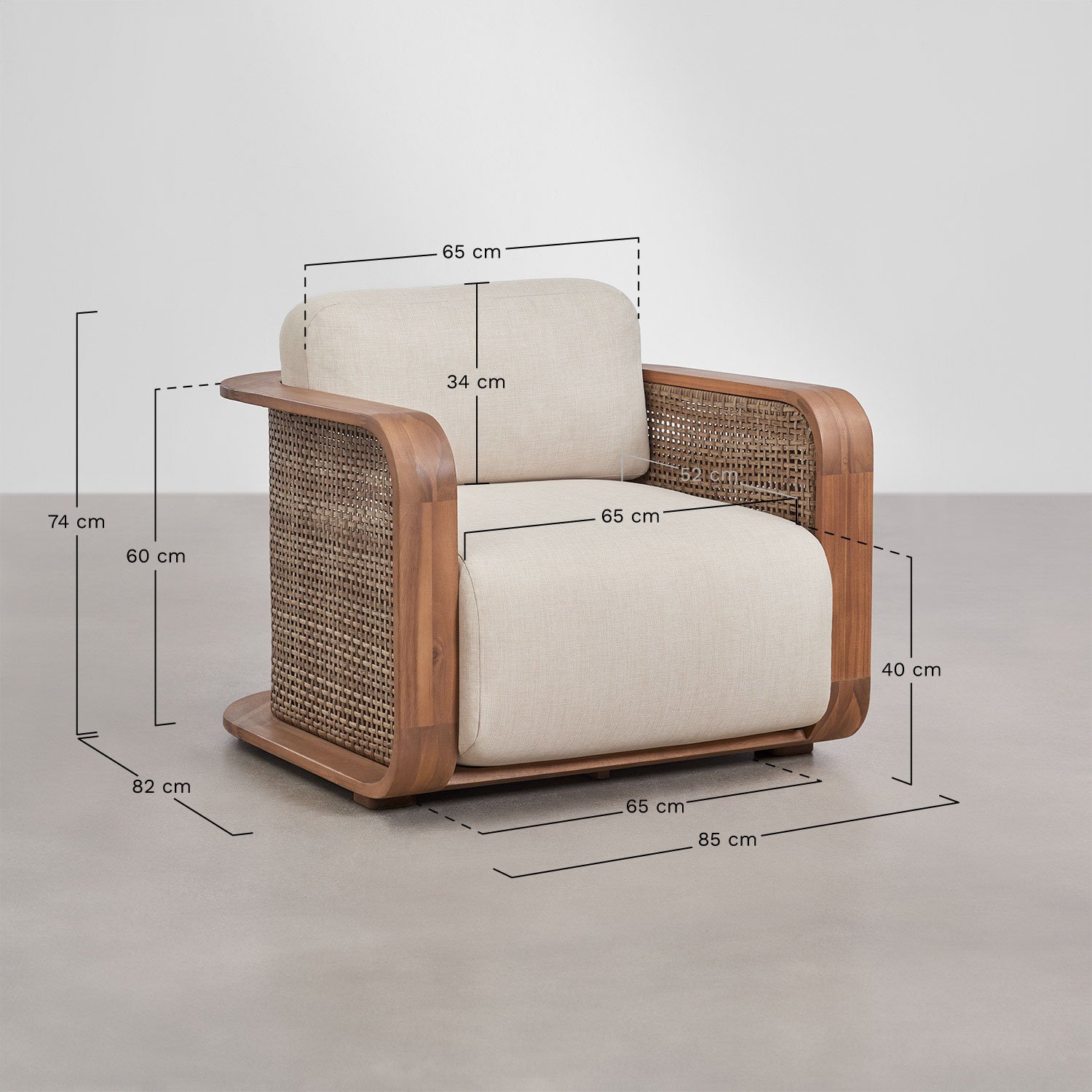 Garden set with 2 armchairs and a coffee table in Noira acacia wood, medidas