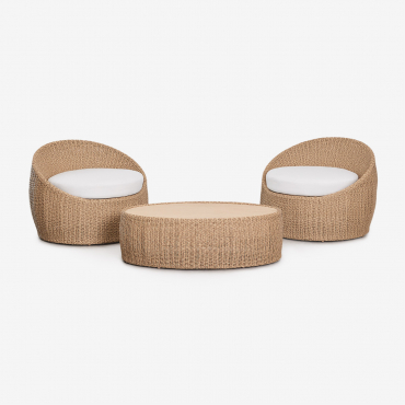 Clarnyx Synthetic Rattan And Acacia Wood Garden Set With 2 Armchairs And Coffee Table Natural - Sklum