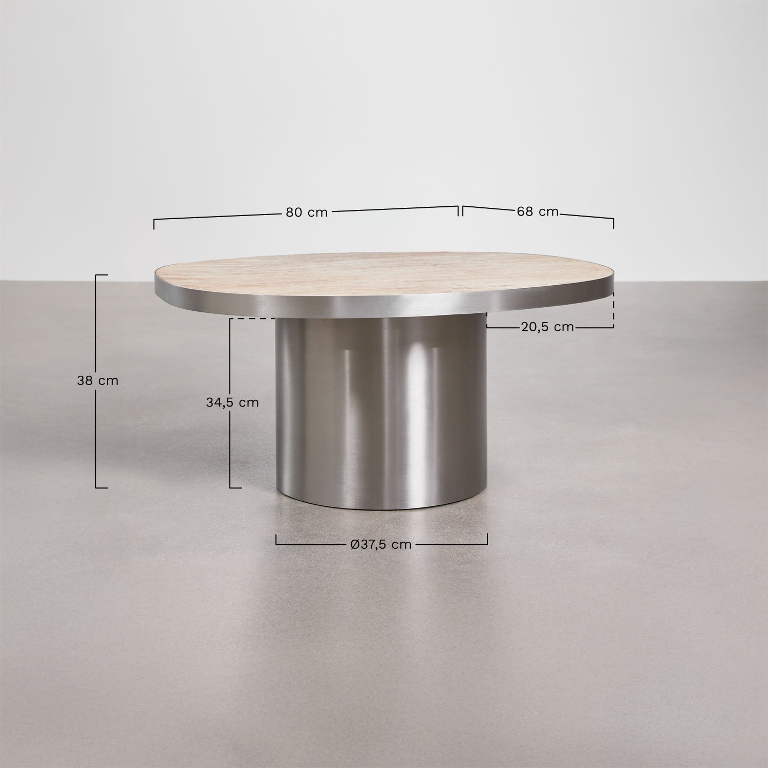 Fertrix travertine and stainless steel coffee table, medidas