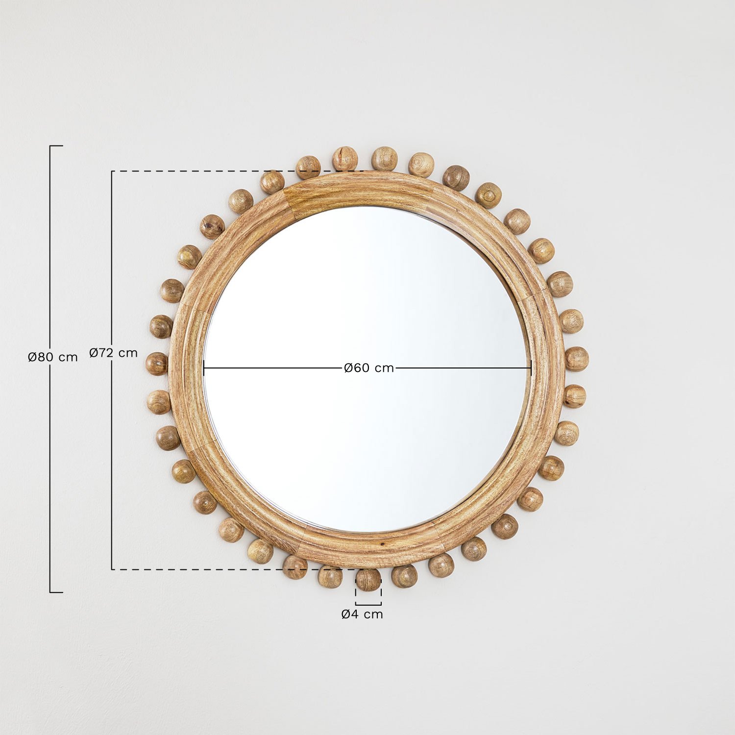 Round wall mirror in mango wood Ø80 cm Joey, medidas