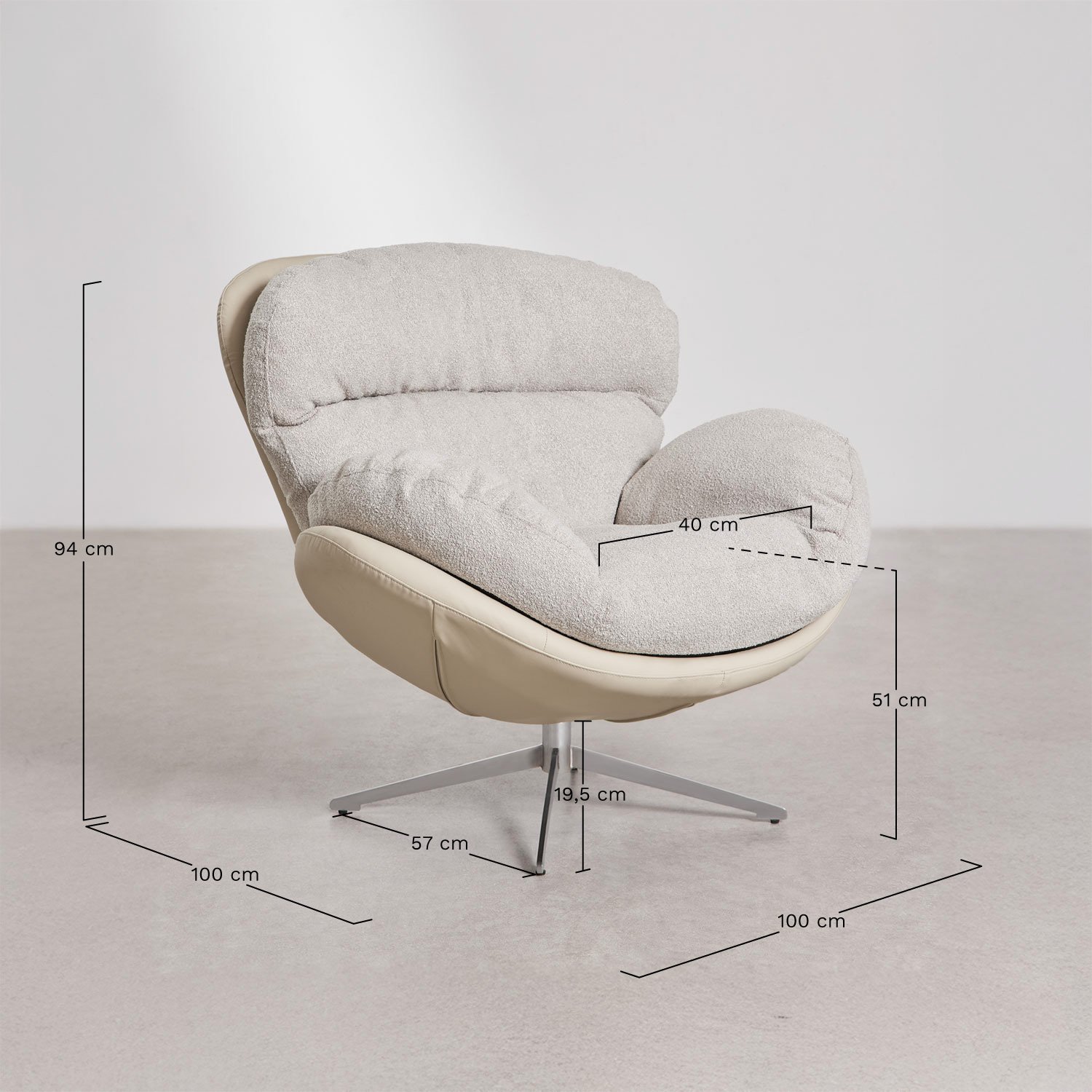 Amanda boucle fabric armchair with swivel footrest, medidas