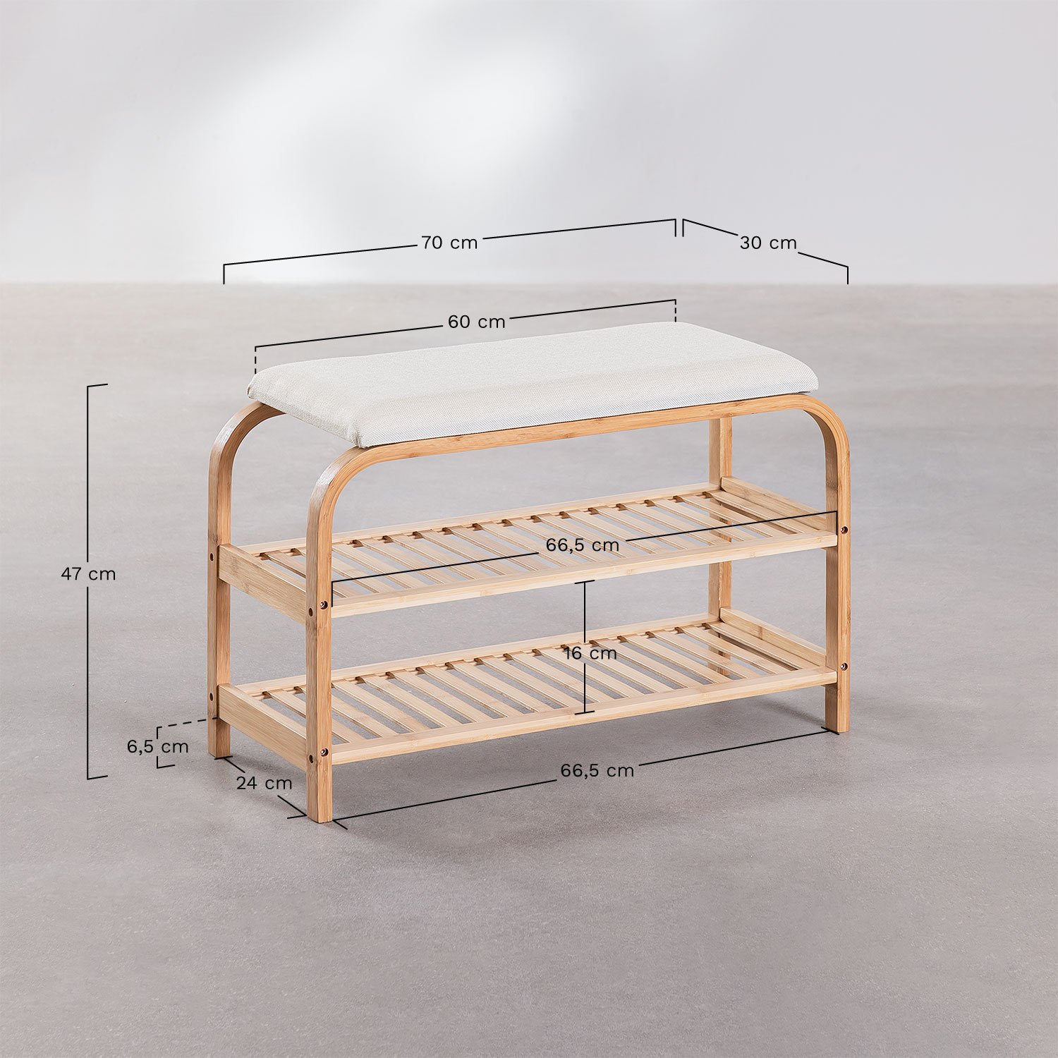 Kaupo 70 cm bamboo wood shoe bench, medidas