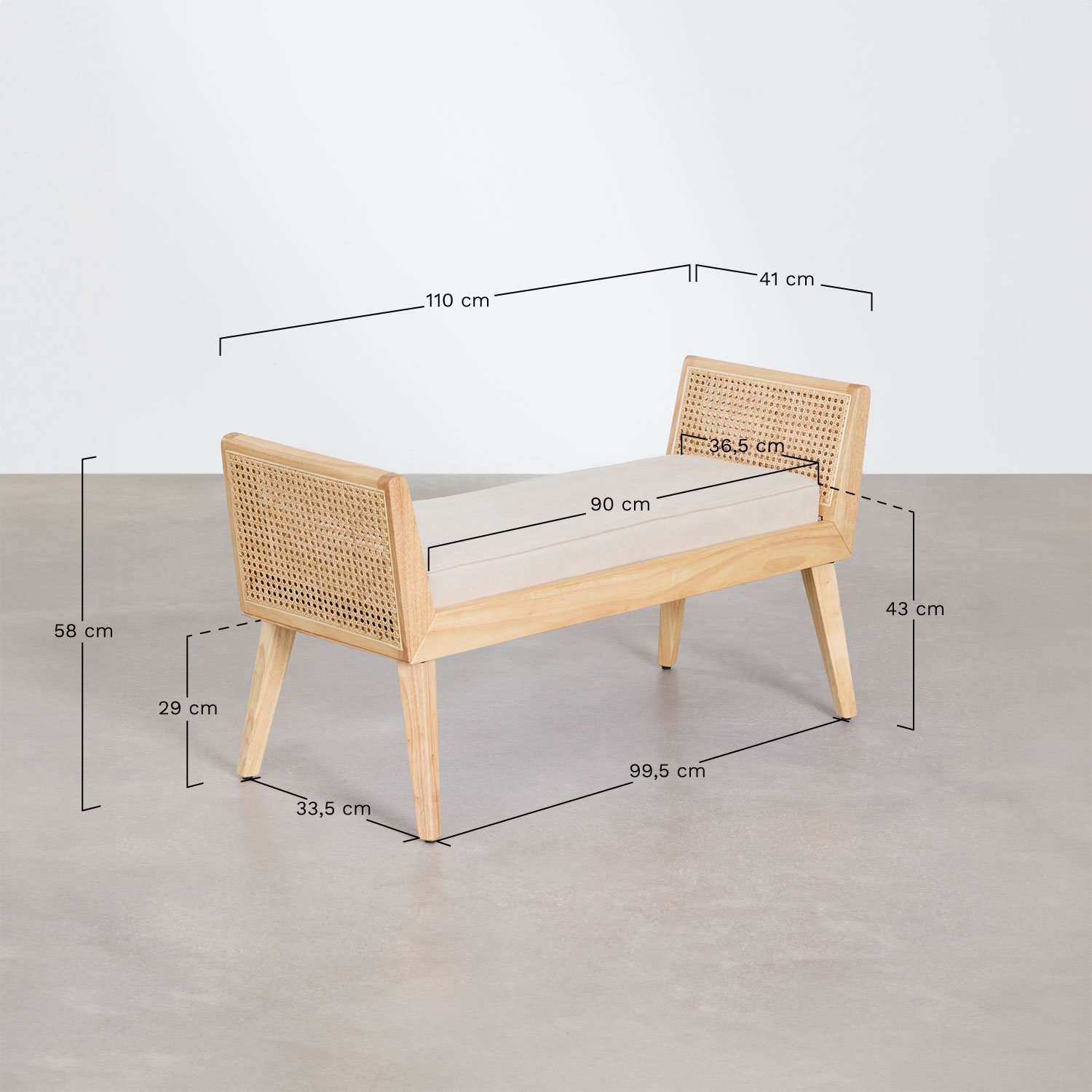 110 cm bench in rubberwood and rattan Icon, medidas
