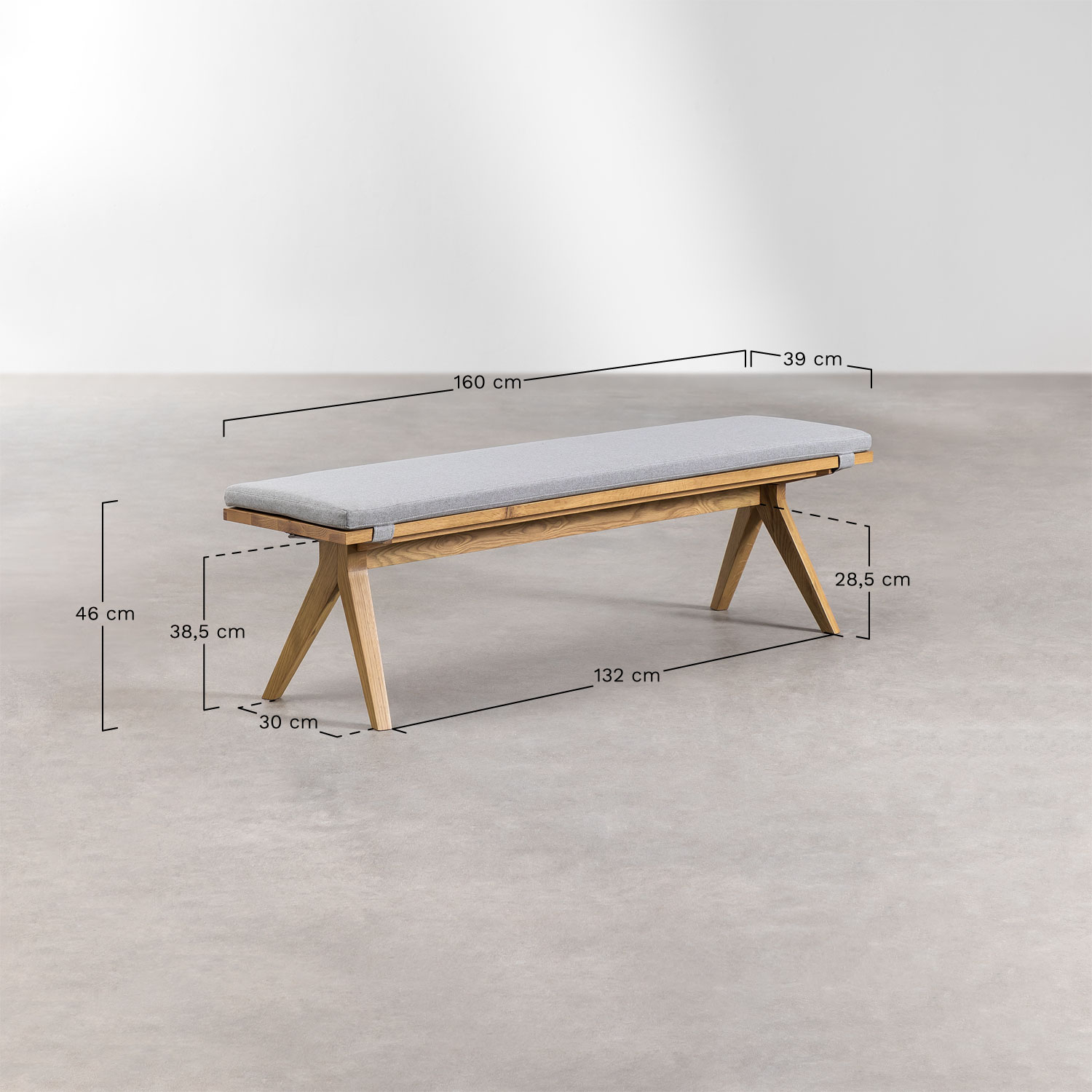 160 cm bench in Basset oak wood, medidas