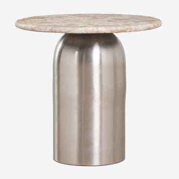 Alliser Round Bedside Table Ø40 Cm Grey Steel & Beige Panther Marble - Sklum