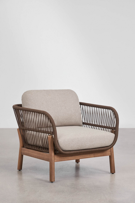 Karvia acacia wood and braided rope armchair - Hazelnut Brown Fabric
