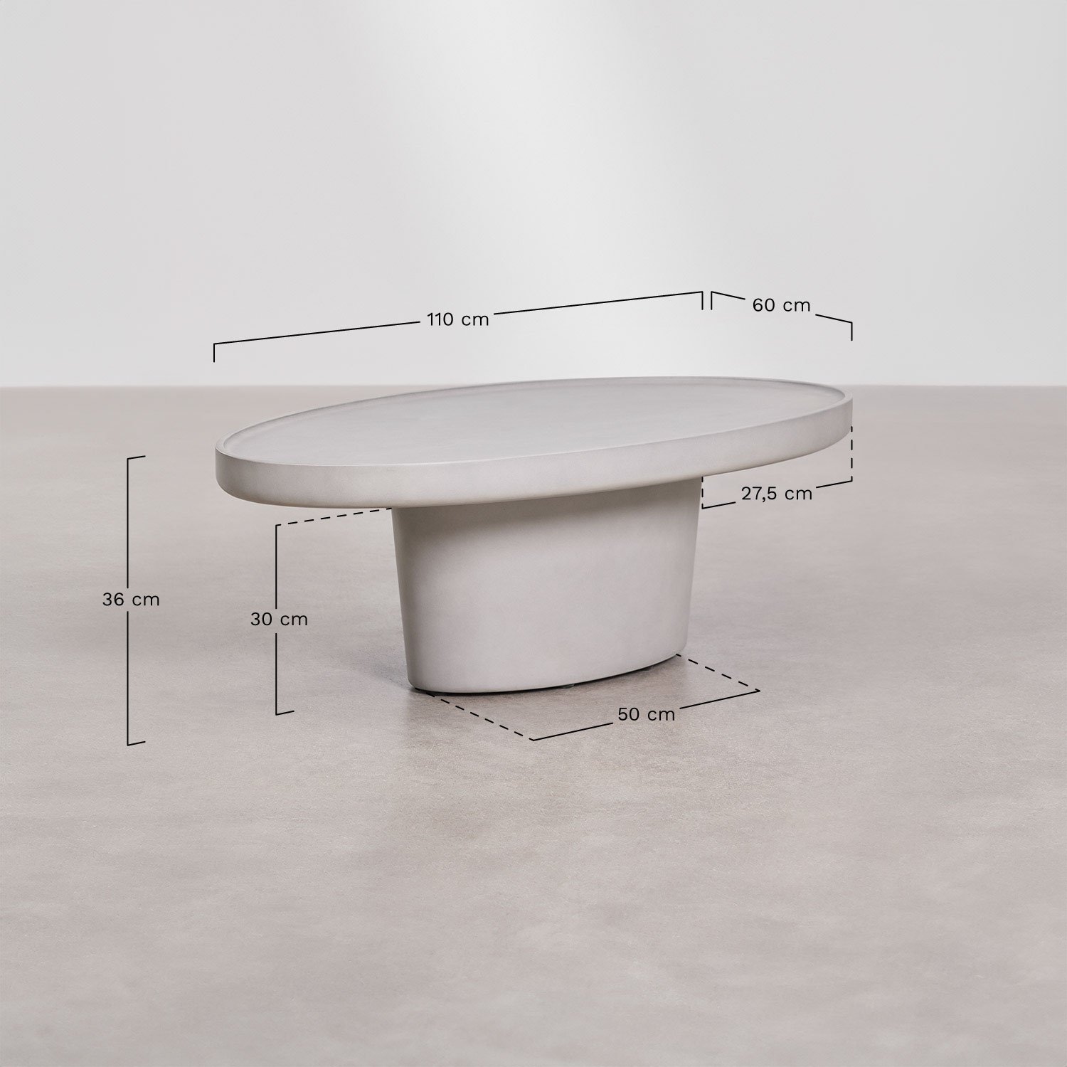 Oval coffee table 110x60 cm in Darwys cement, medidas