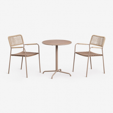 Round Garden Table Set Ø65 Cm And 2 Stackable Garden Chairs In Steel And Acacia Wood Tilda Moka Brown - Sklum