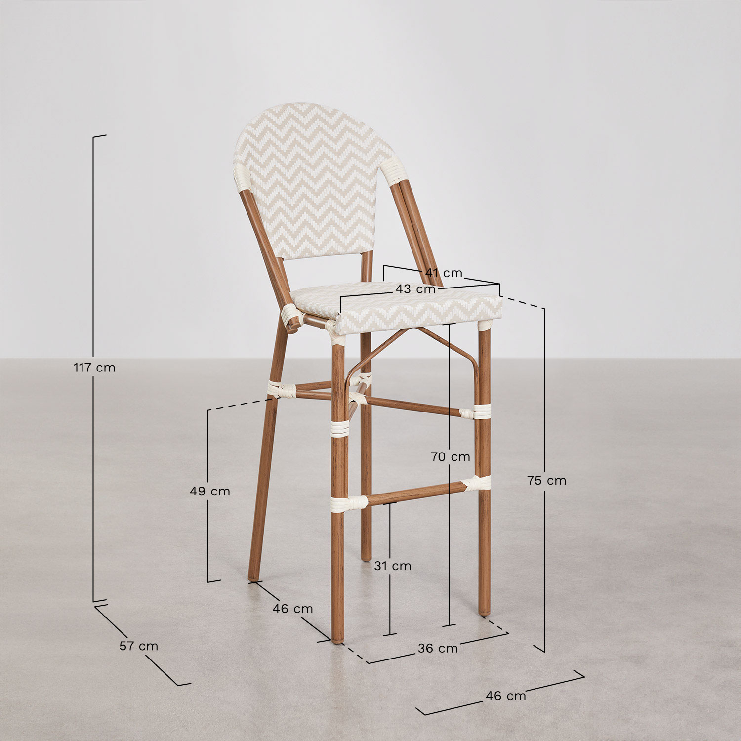 Brielle Bistro stackable high garden stool with aluminum backrest and synthetic rattan, medidas