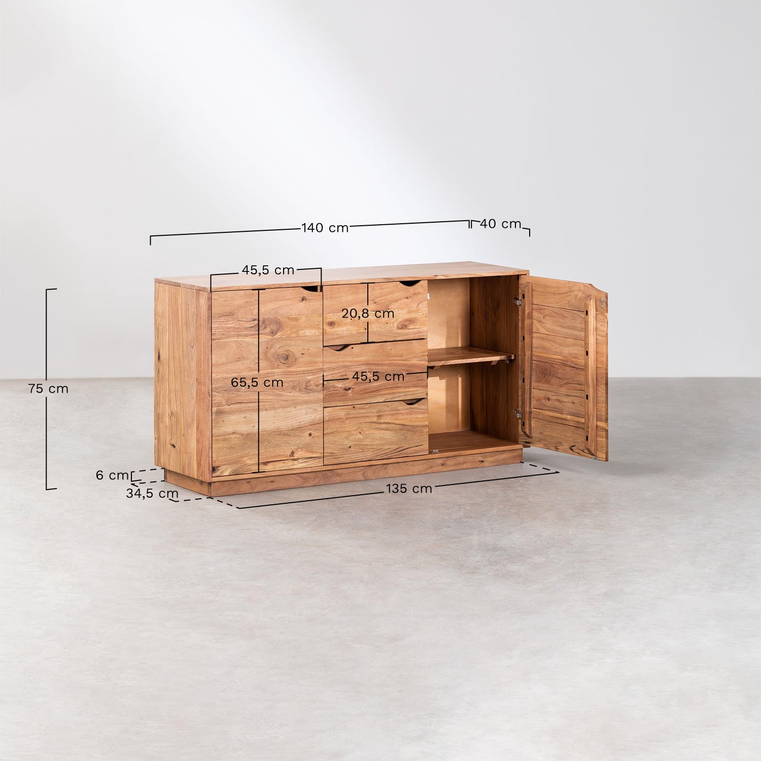 Tasmani acacia wood sideboard 140x40 cm, medidas