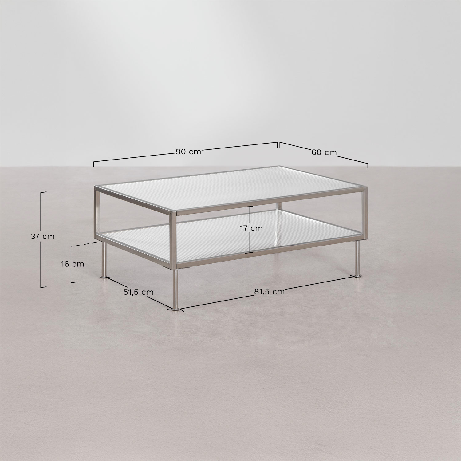 Rectangular coffee table 90x60 cm in steel and glass Paoline, medidas