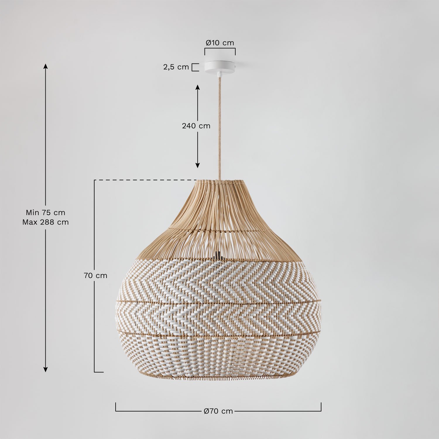 Hanging ceiling lamp for outdoor use in braided rattan Llaury, medidas