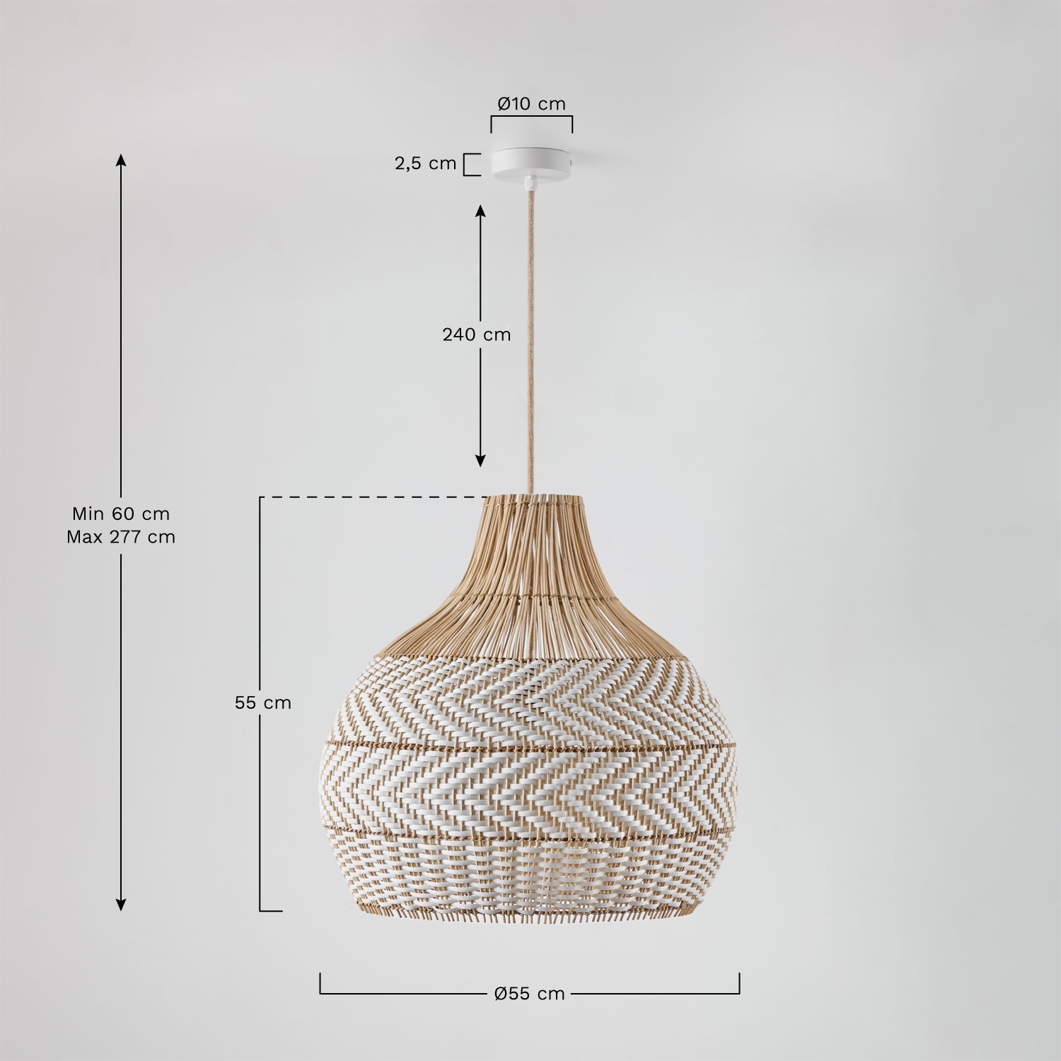 Hanging ceiling lamp for outdoor use in braided rattan Llaury, medidas