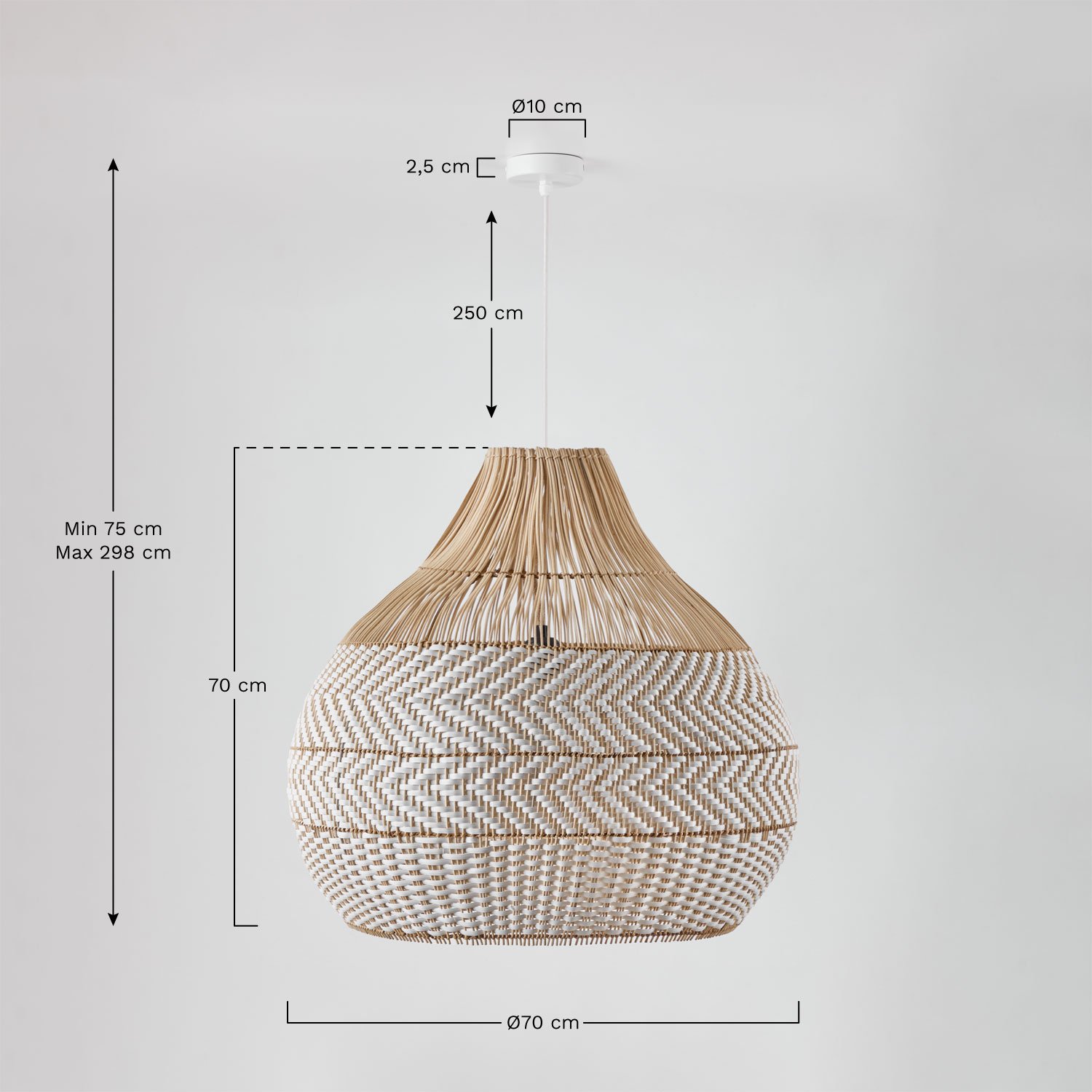 Hanging ceiling lamp for outdoor use in braided rattan Llaury, medidas
