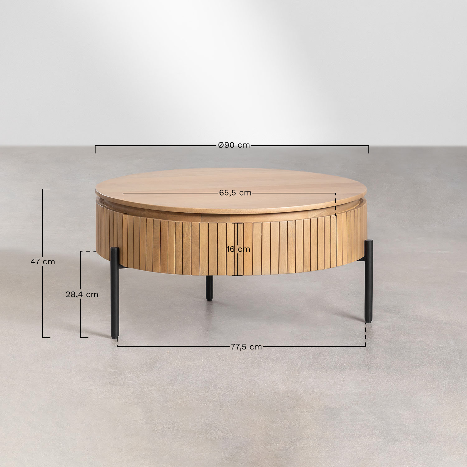 Round coffee table Ø90 cm in mango wood Analis, medidas